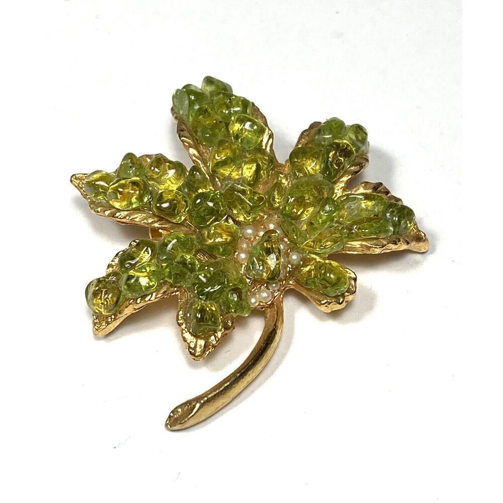 Leaf Brooch Pin Vintage Green Stones Faux Pearls Gold Tone Estate